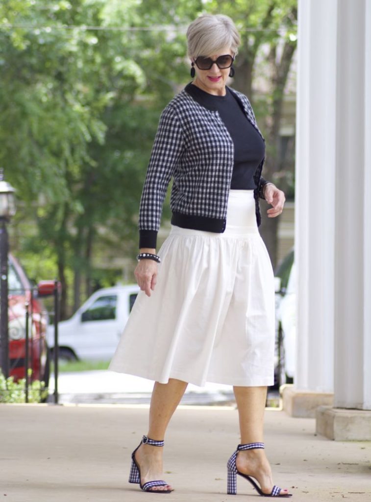 ann taylor skirt, black tee, gingham sandals, marc jacobs tote, j.crew cardigan