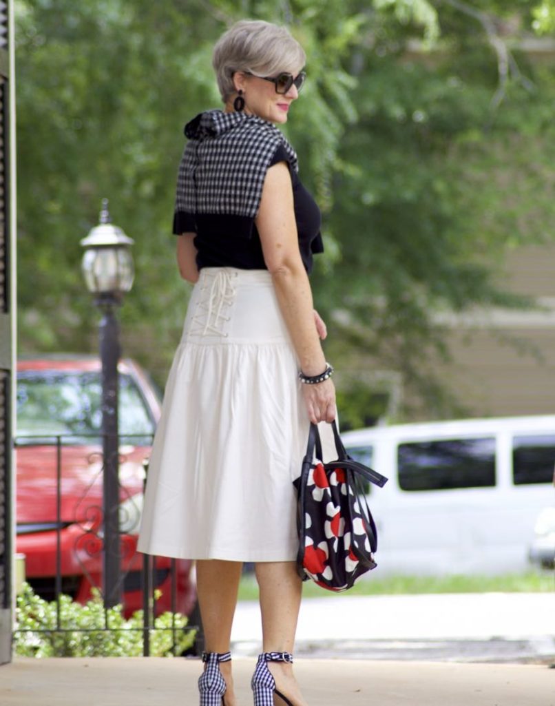 ann taylor skirt, black tee, gingham sandals, marc jacobs tote, j.crew cardigan
