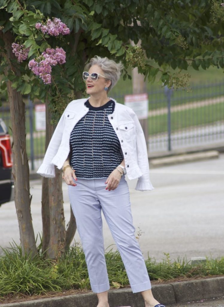ann taylor pants, denim jacket