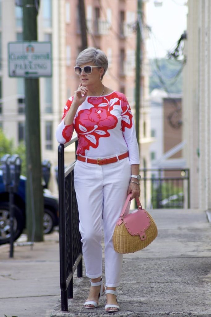 white chinos, tee, white sandals, straw handbag