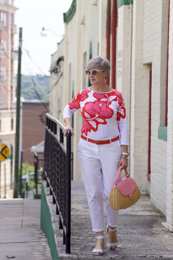 white chinos, tee, white sandals, straw handbag