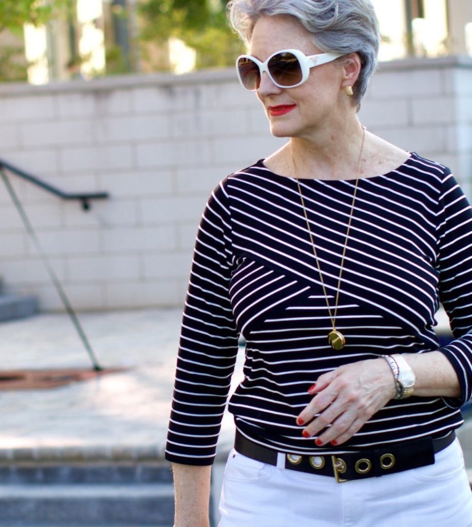 stripes tee and white denim
