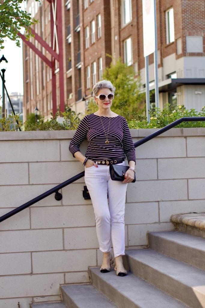stripes tee and white denim