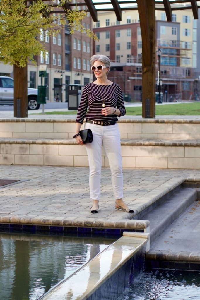 stripes tee and white denim