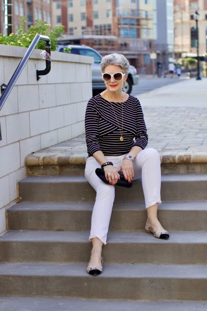 stripes tee and white denim