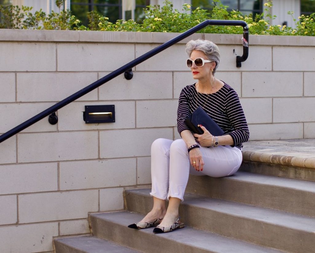 stripes tee and white denim