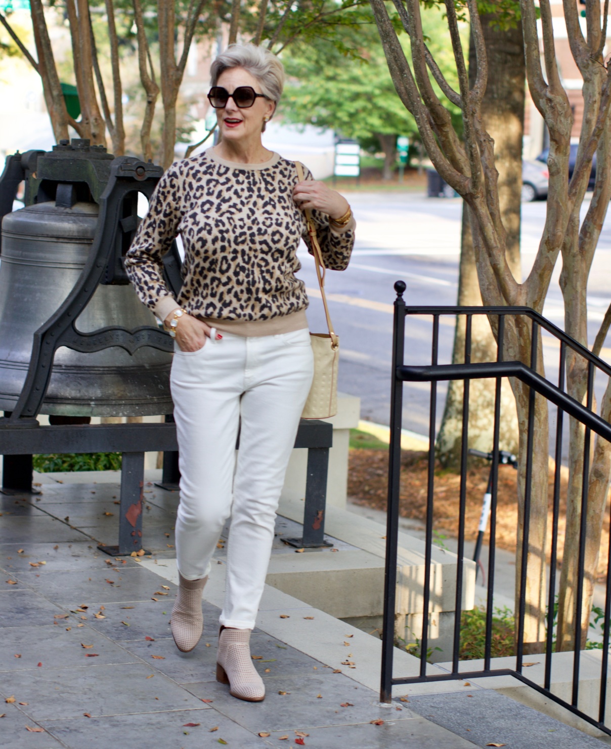 everlane white denim, j.crew leopard sweatshirt, franco sarto booties