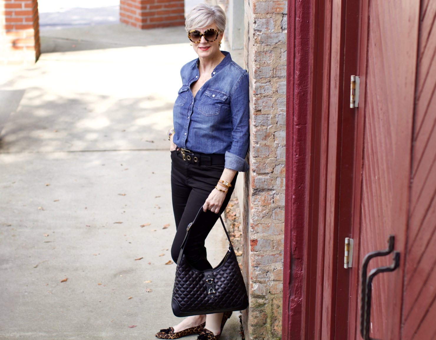 denim shirt, cropped black denim, leopard flats