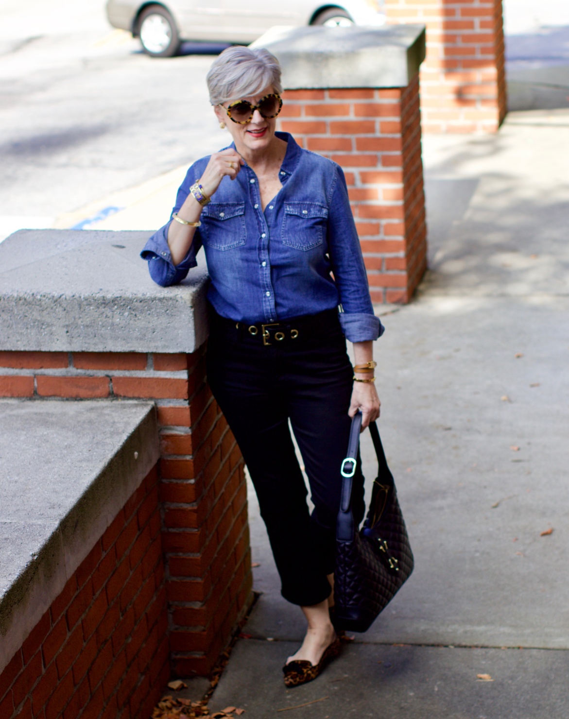 denim shirt, cropped black denim, leopard flats