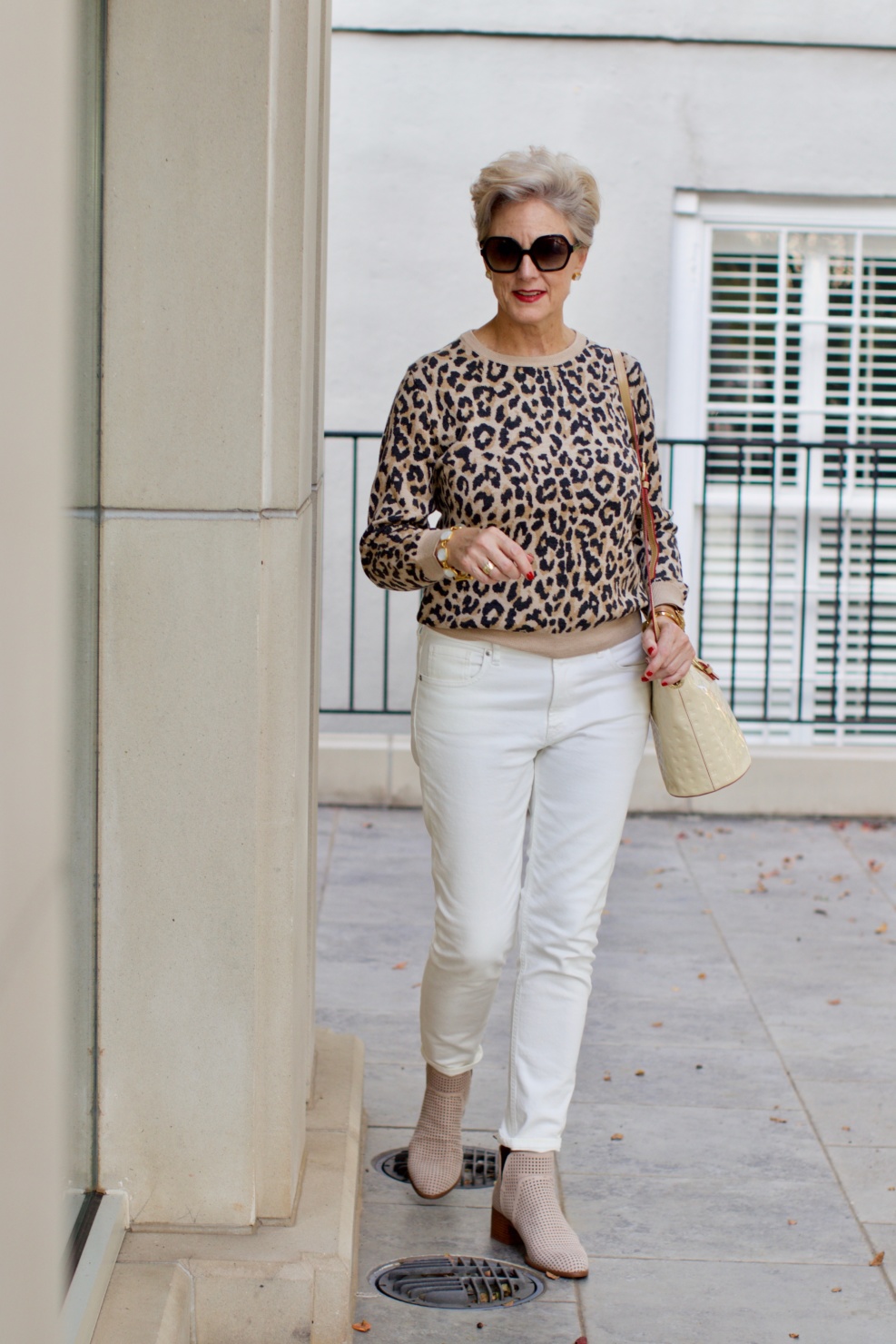 everlane white denim, j.crew leopard sweatshirt, franco sarto booties
