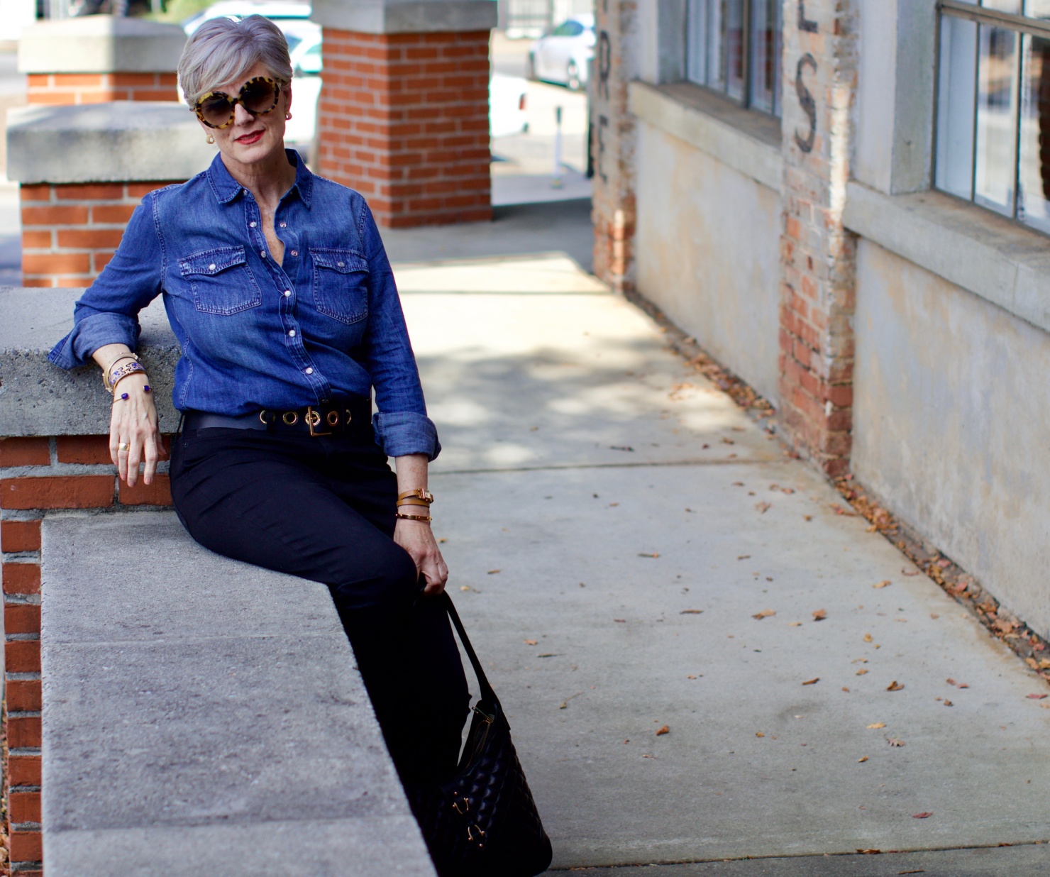 denim shirt, cropped black denim, leopard flats