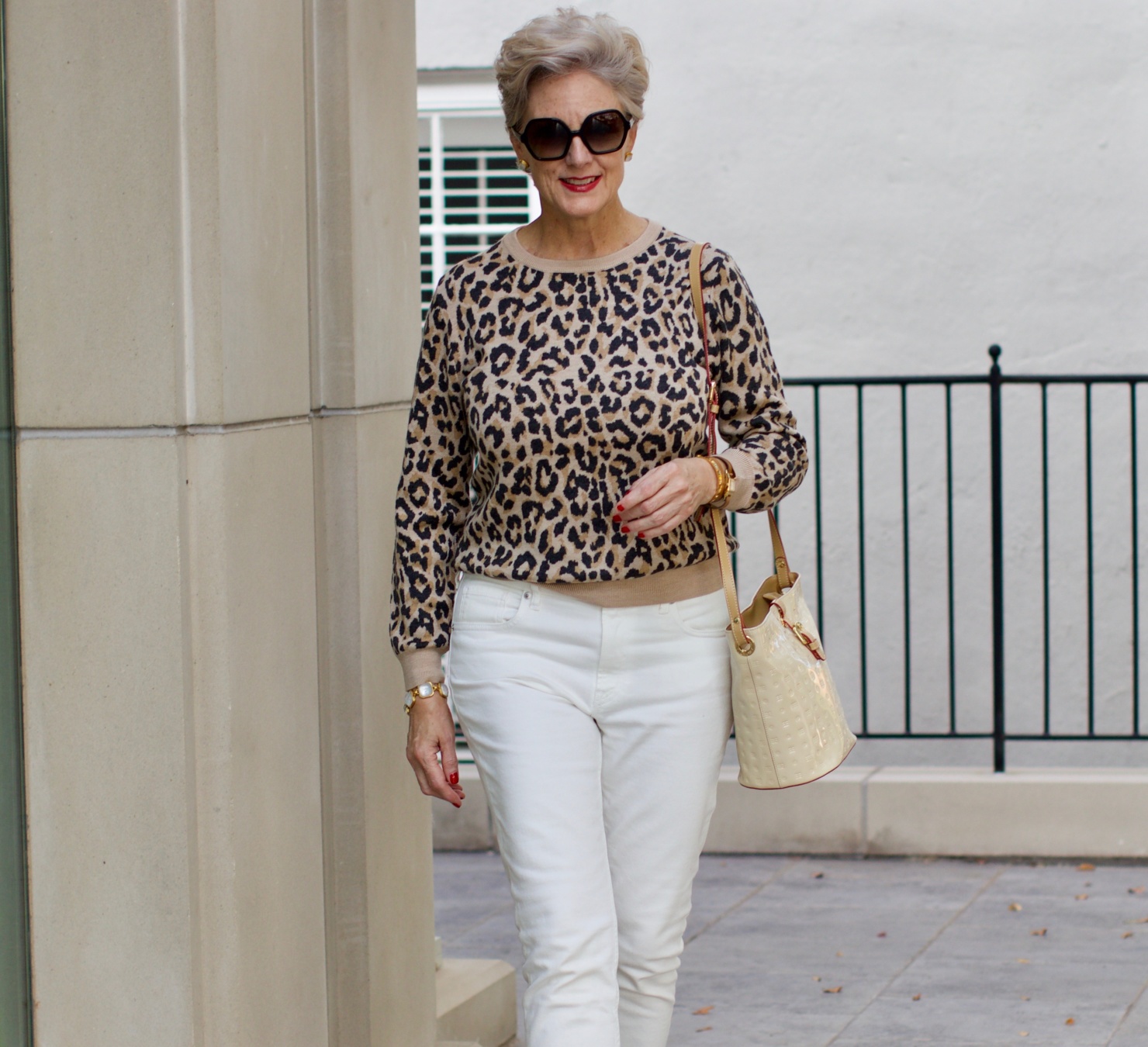 everlane white denim, j.crew leopard sweatshirt, franco sarto booties