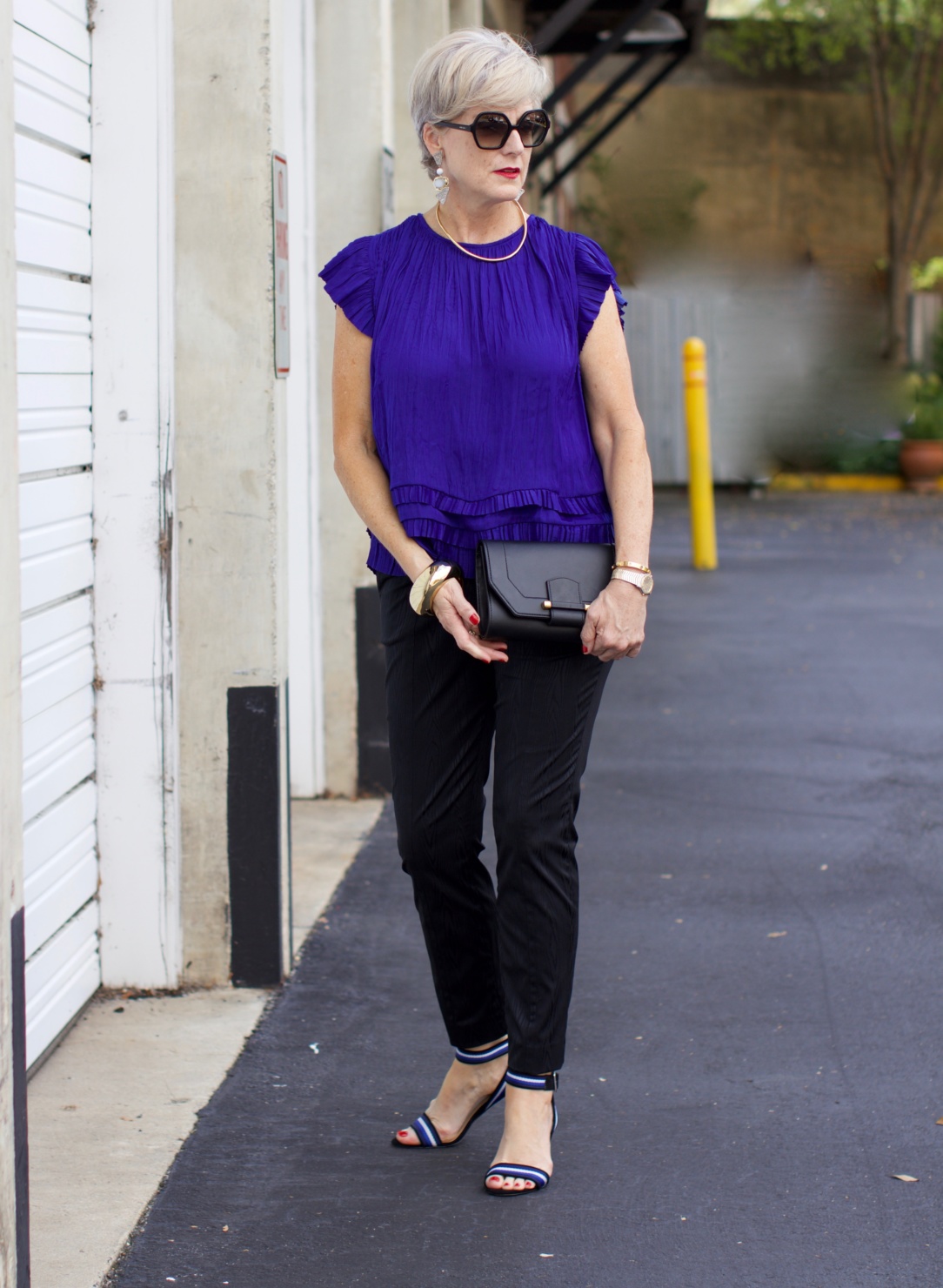 anthropologie top, dvf cigarette pants, ann taylor striped sandals