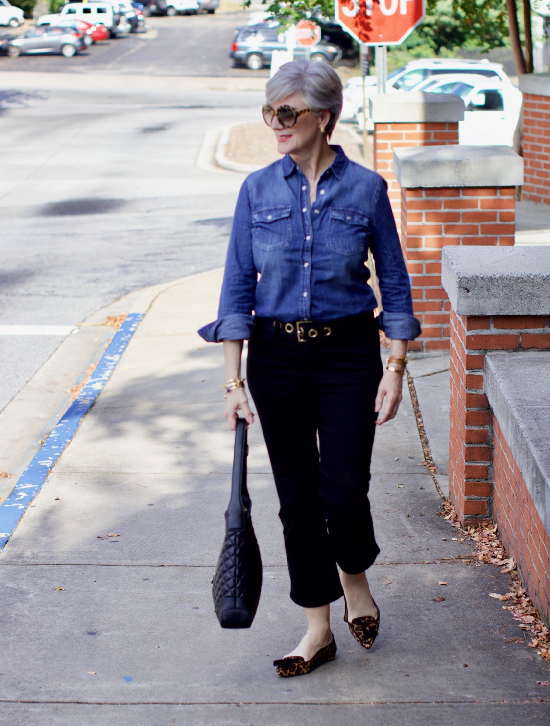 denim shirt, cropped black denim, leopard flats