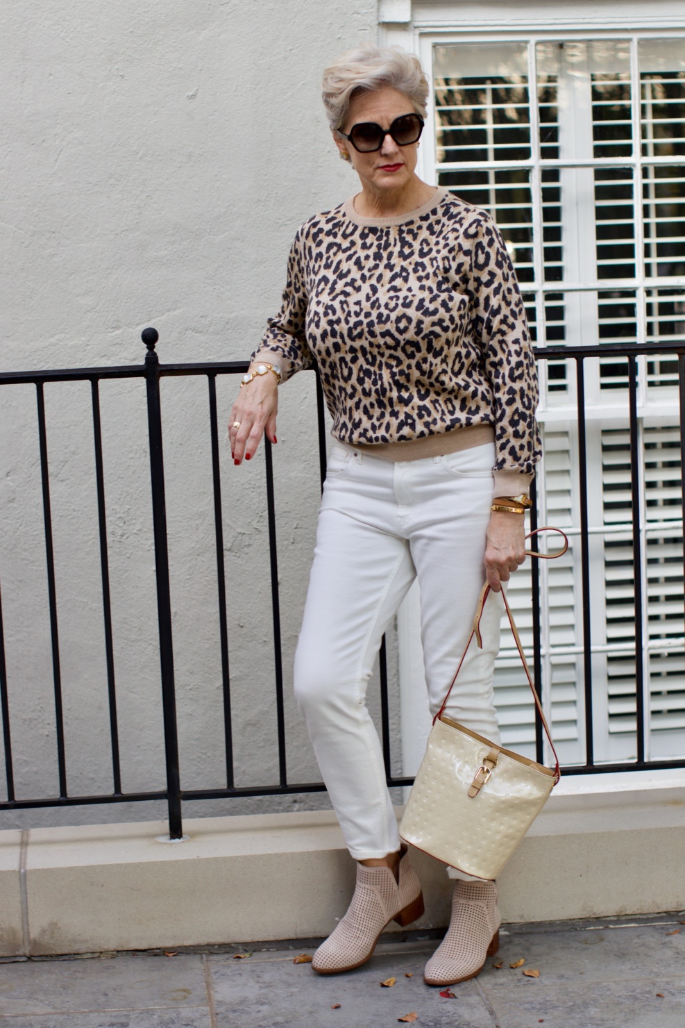 everlane white denim, j.crew leopard sweatshirt, franco sarto booties