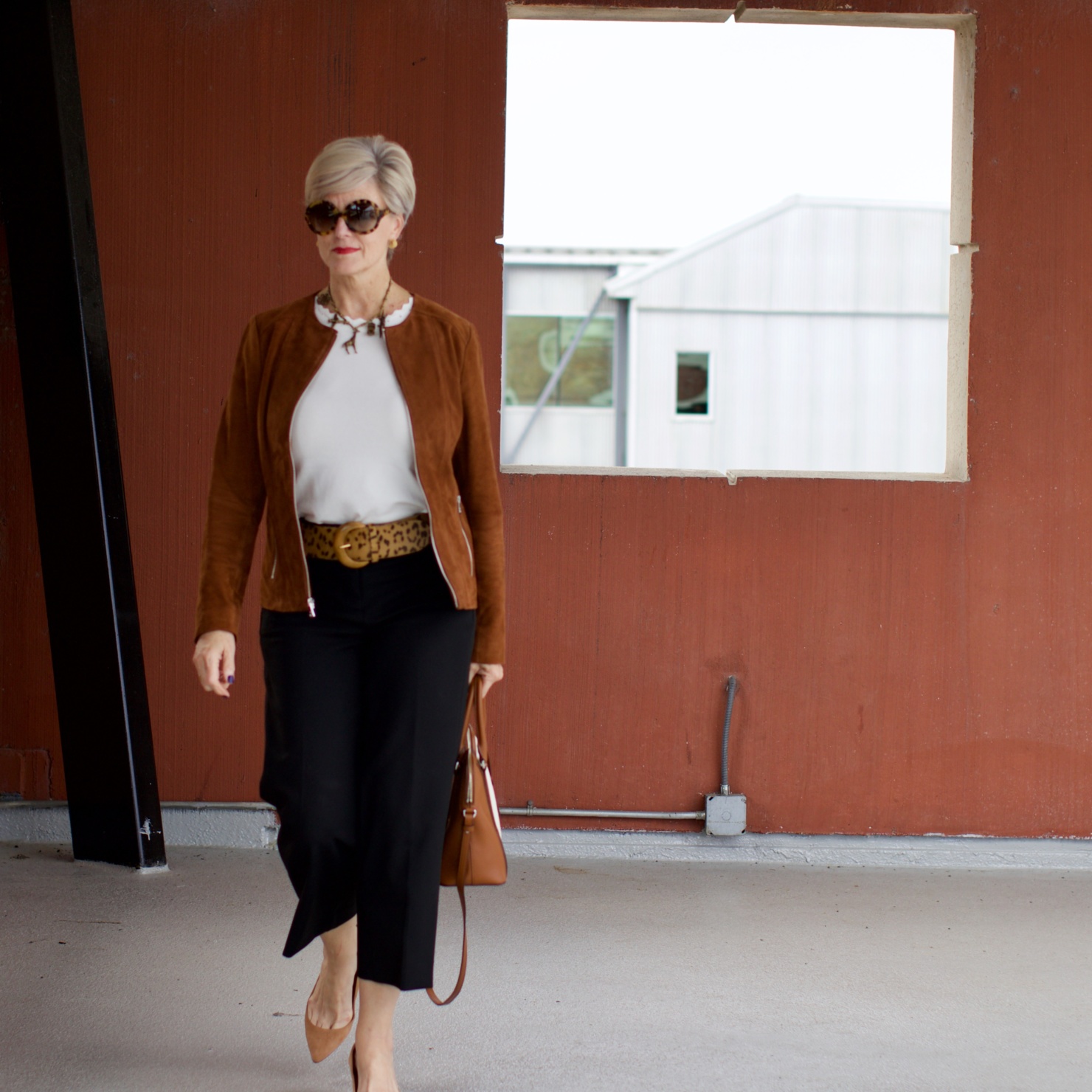 j.crew wide leg pants, ann taylor scalloped shell, ralph lauren cheeta belt, ann taylor suede pumps, ralph lauren suede jacket