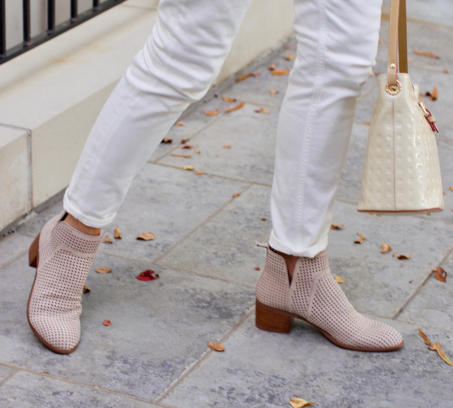 everlane white denim, j.crew leopard sweatshirt, franco sarto booties