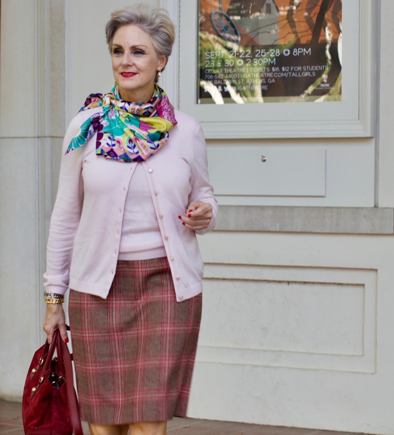 Talbots cardigan, silk scarf, leopard shoes