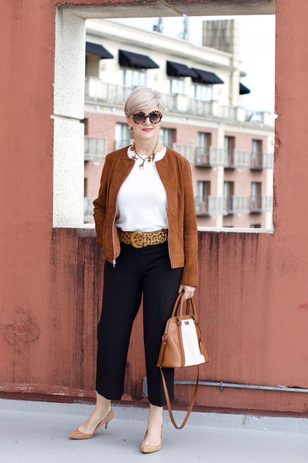 j.crew wide leg pants, ann taylor scalloped shell, ralph lauren cheeta belt, ann taylor suede pumps, ralph lauren suede jacket