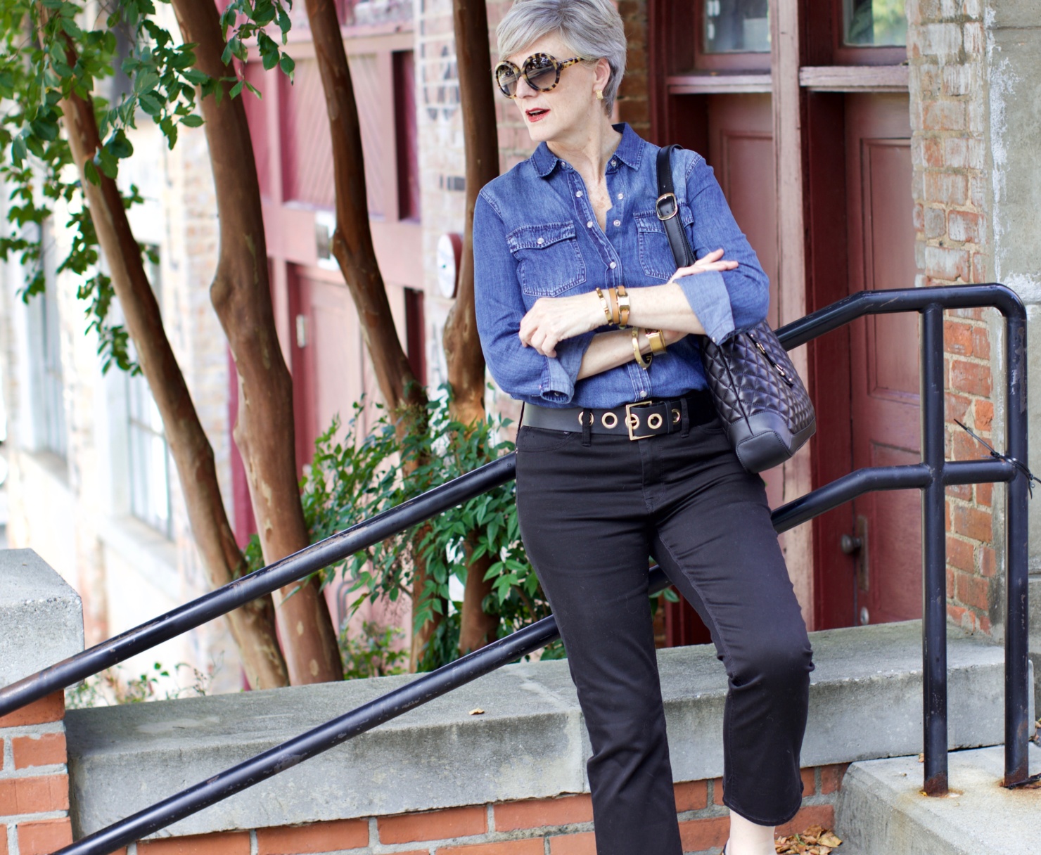 denim shirt, cropped black denim, leopard flats