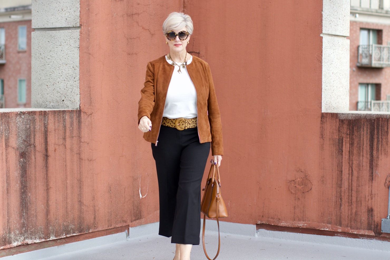 j.crew wide leg pants, ann taylor scalloped shell, ralph lauren cheeta belt, ann taylor suede pumps, ralph lauren suede jacket
