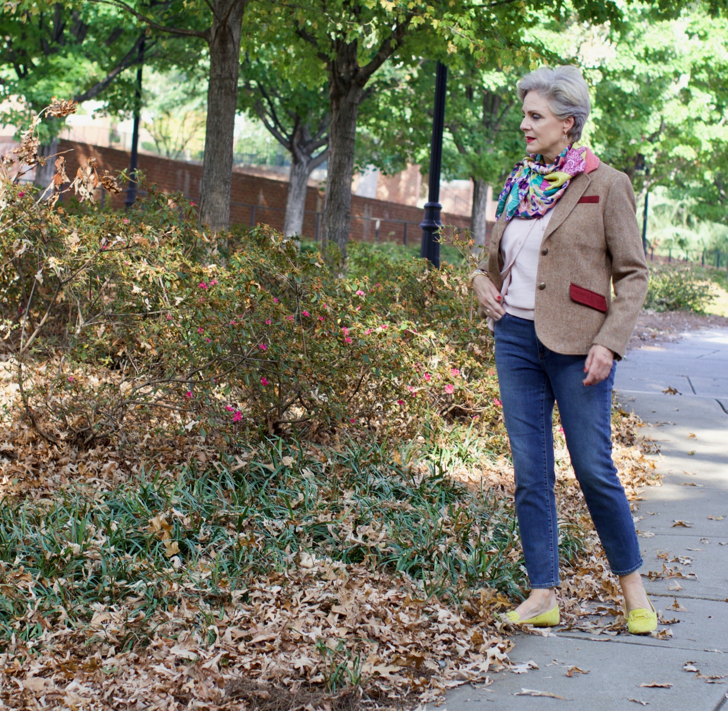 Talbots cardigan, silk scarf, leopard shoes