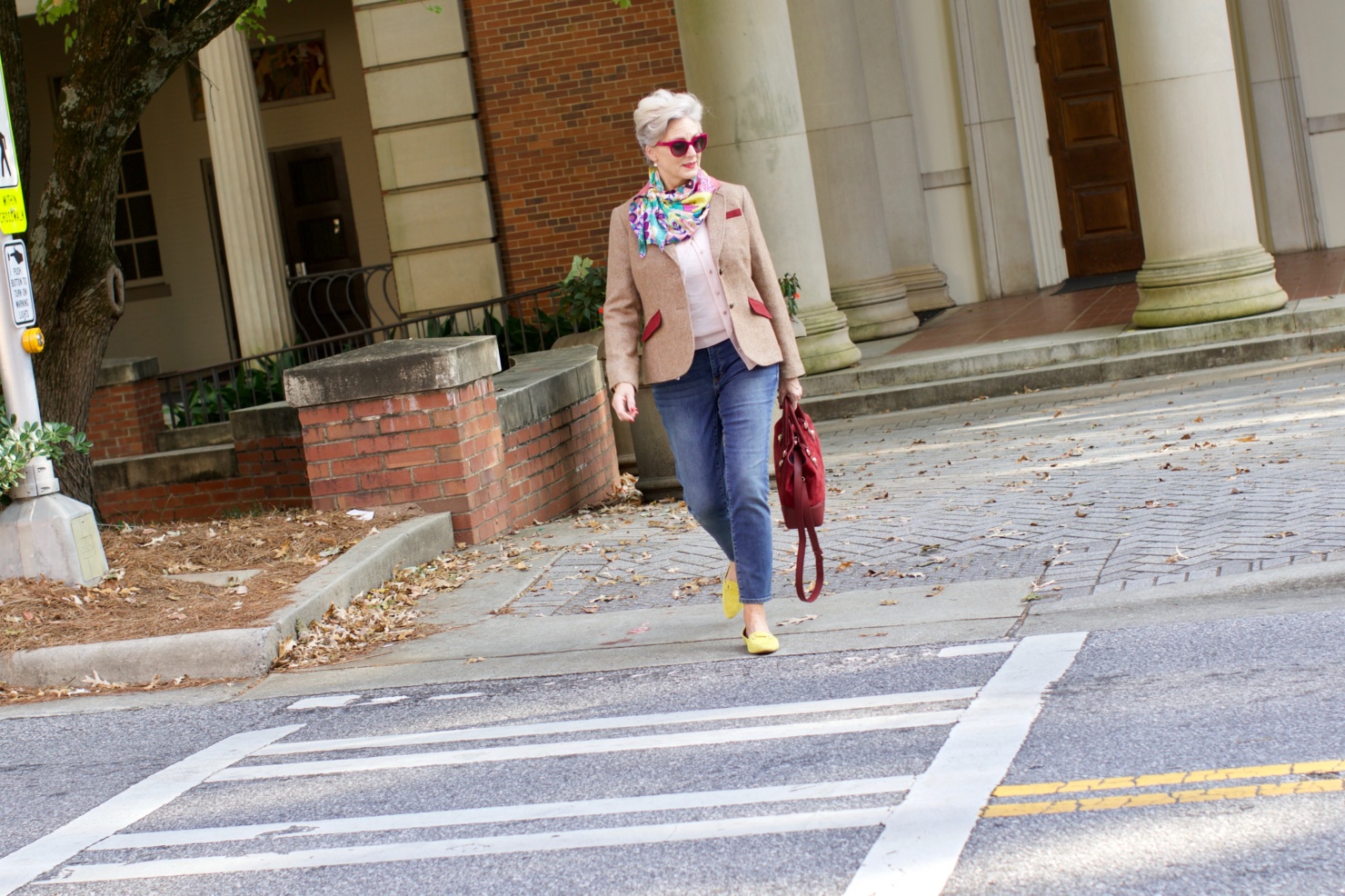 Talbots cardigan, silk scarf, leopard shoes