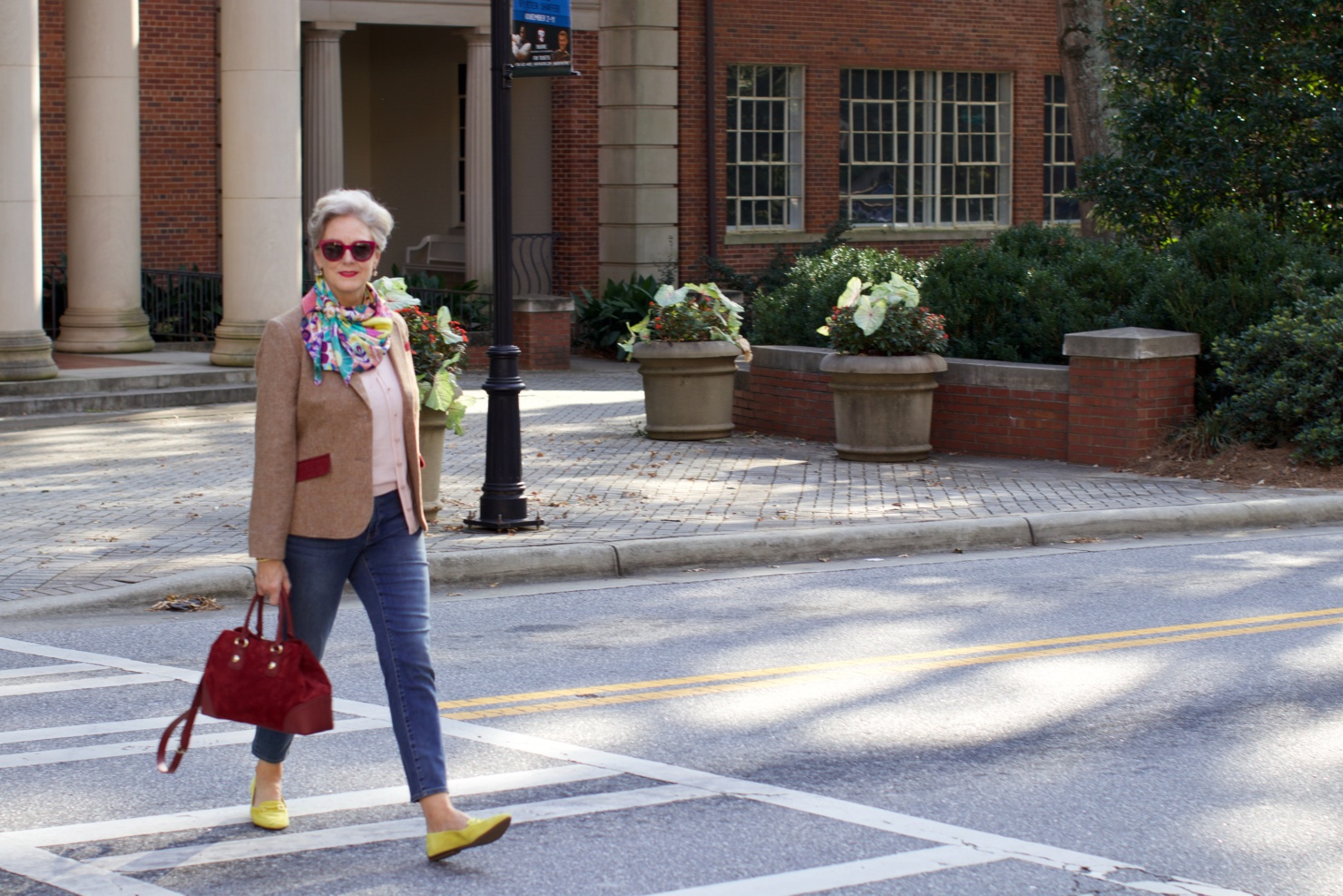 Talbots cardigan, silk scarf, leopard shoes