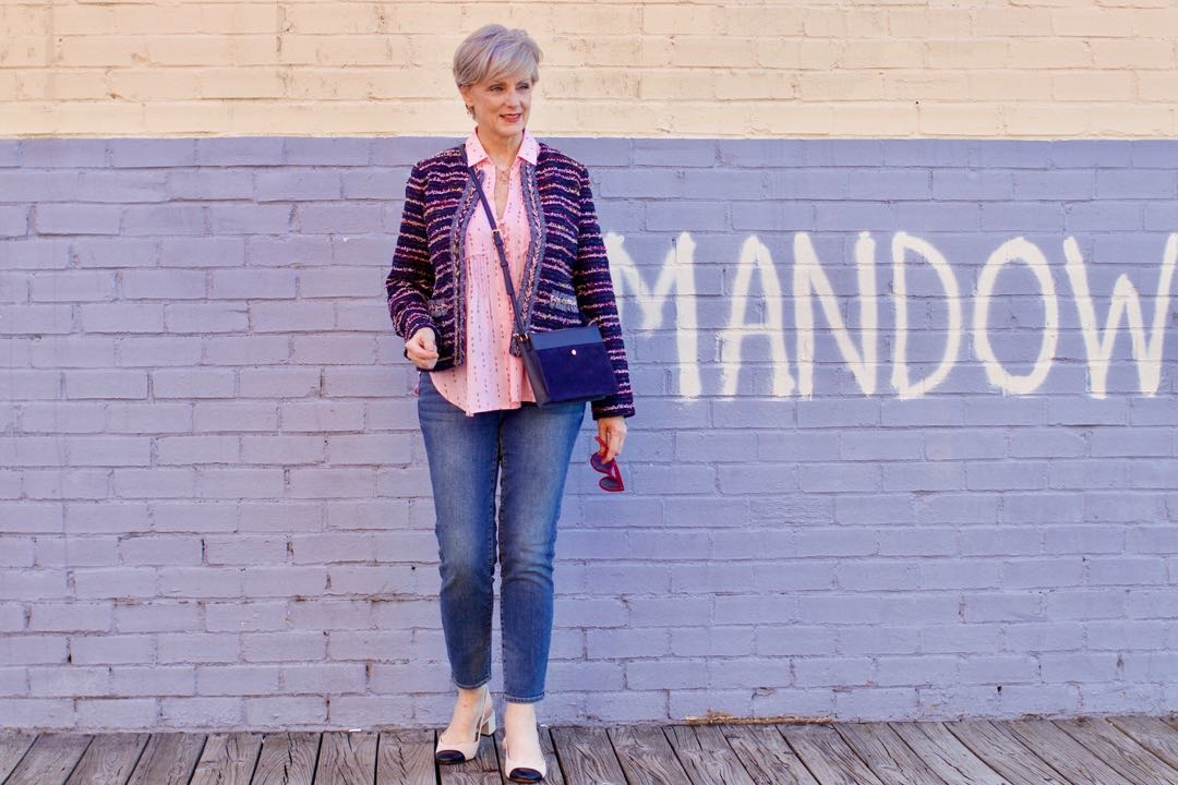 tweed blazer, silk button down, denim