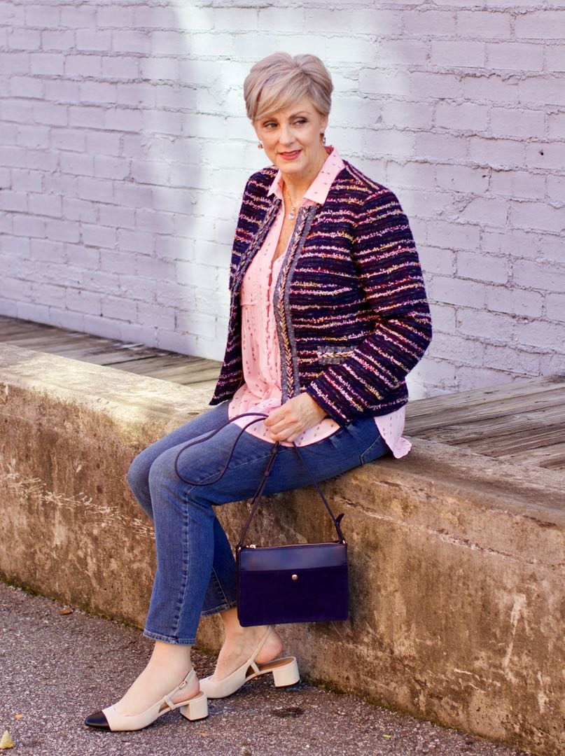 tweed blazer, silk button down, denim