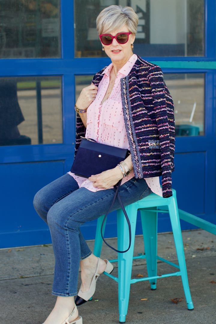 tweed blazer, silk button down, denim