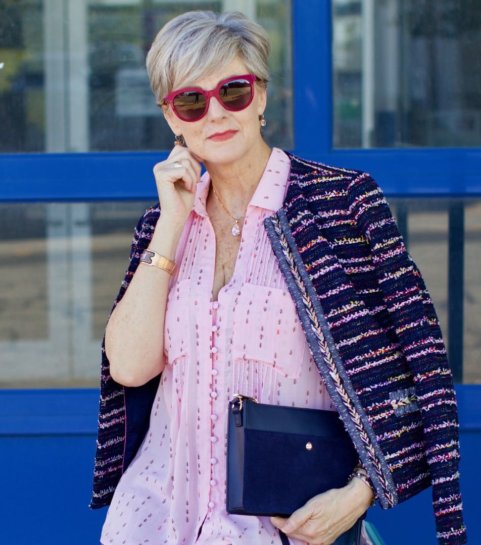 tweed blazer, silk button down, denim