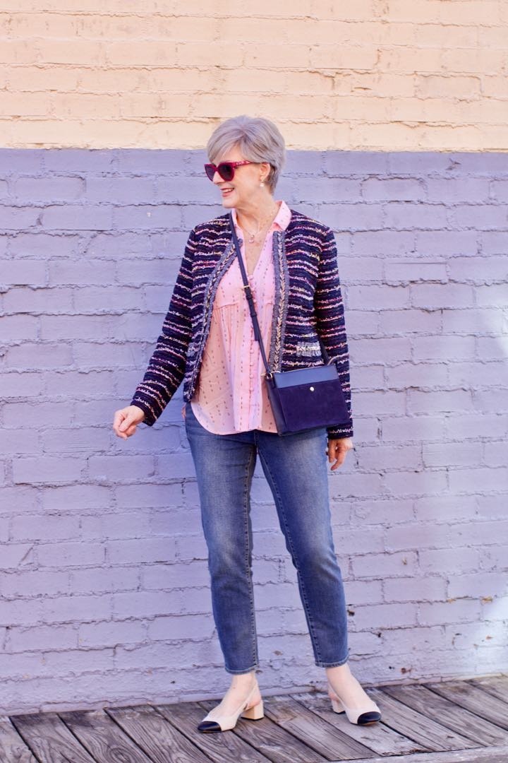 tweed blazer, silk button down, denim