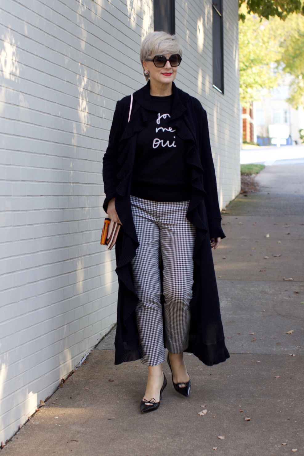 st. john cardigan, banana republic houndstooth pants and embroidered sweater