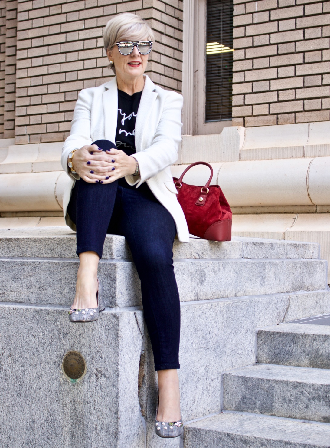 blazer, sweater, blue jeans