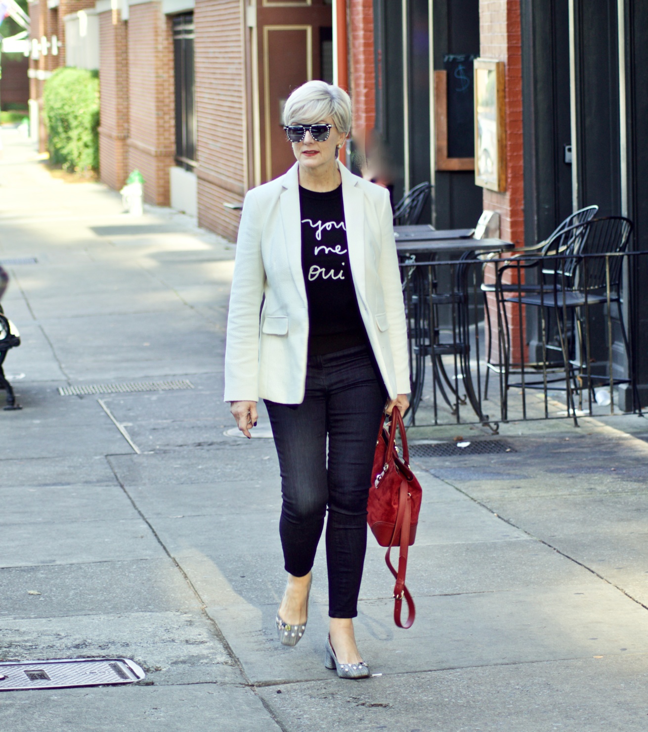 blazer, sweater, blue jeans