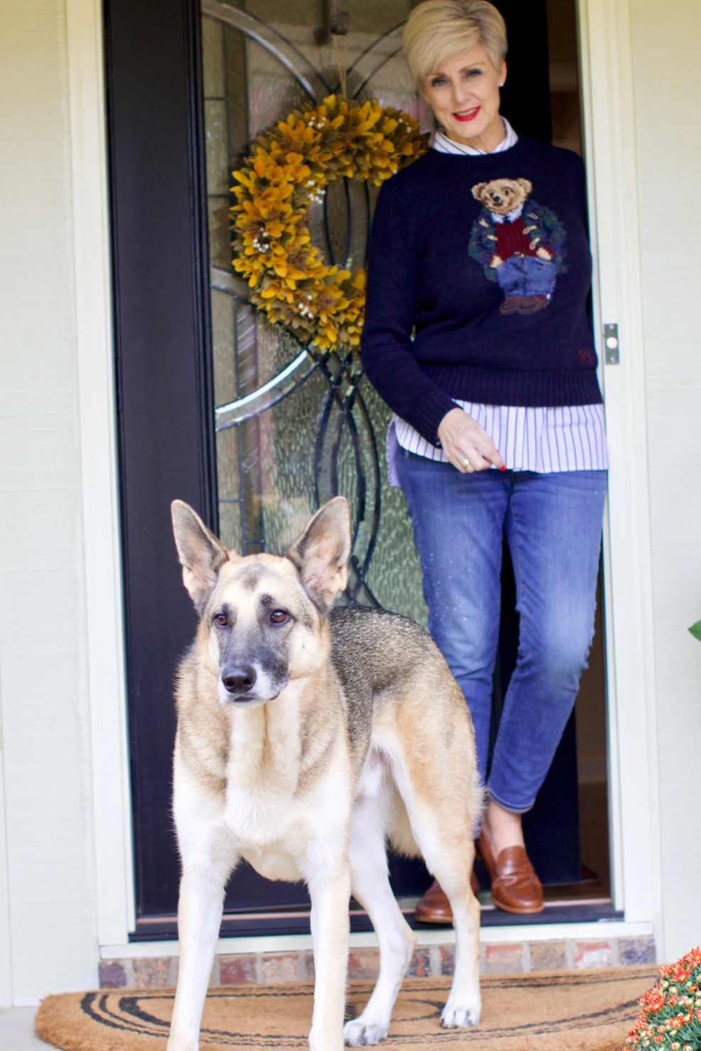 fall home design updates from beth at a Style at a Certain Age who is wearing a Ralph Lauren Polo Bear sweater, J.Crew skinny jeans, and J.Crew Ryan Loafers