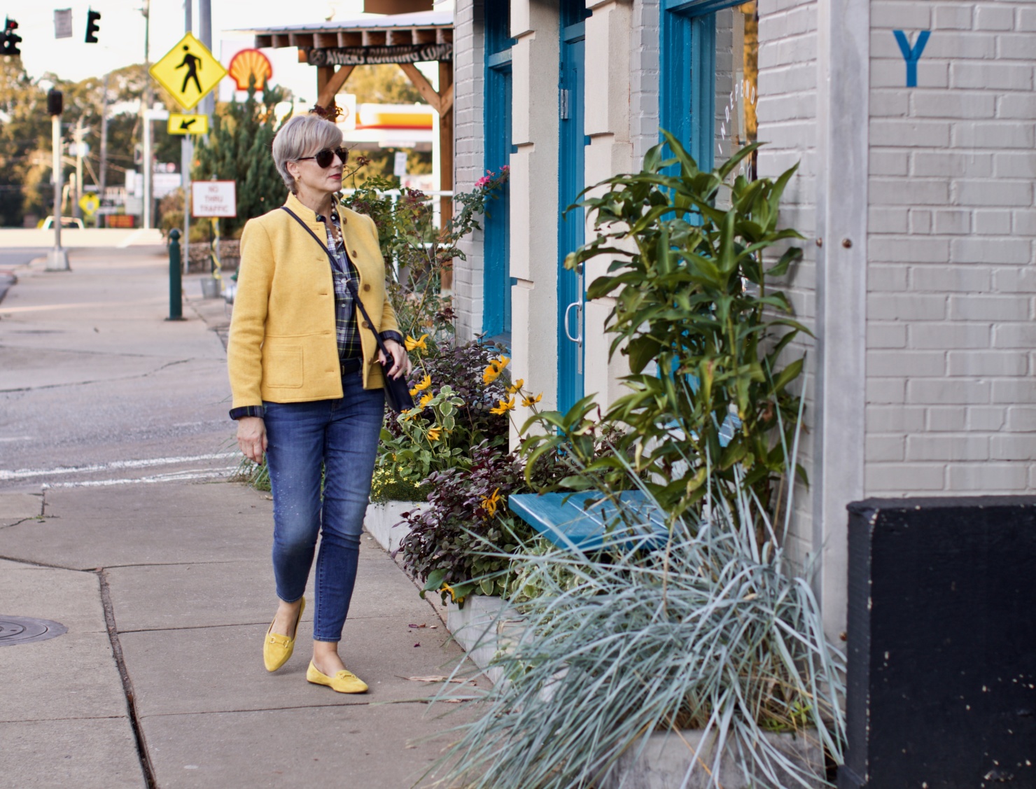 yellow blazer, plaid shirt, yellow driving moc's