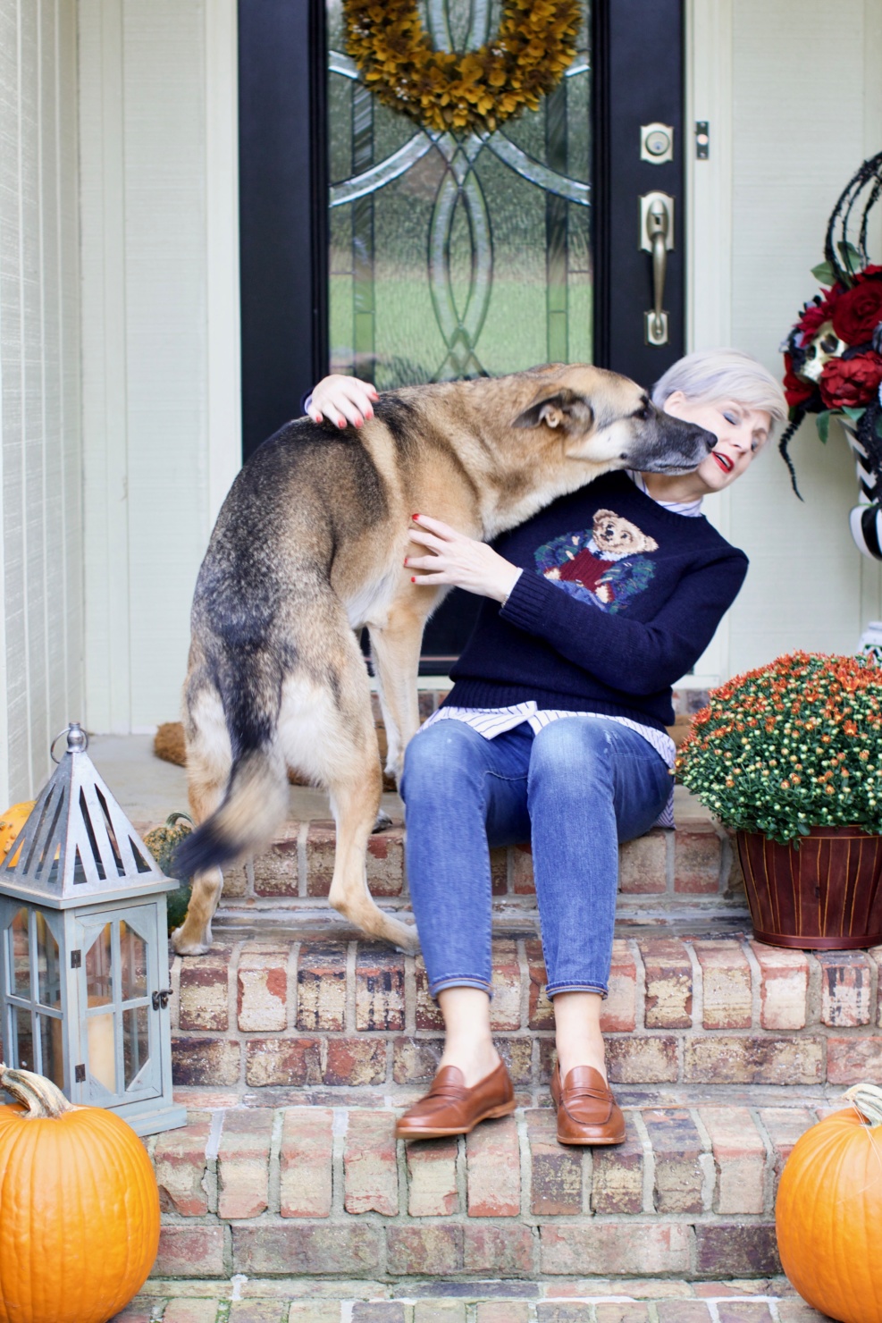 fall home design updates from beth at a Style at a Certain Age who is wearing a Ralph Lauren Polo Bear sweater, J.Crew skinny jeans, and J.Crew Ryan Loafers