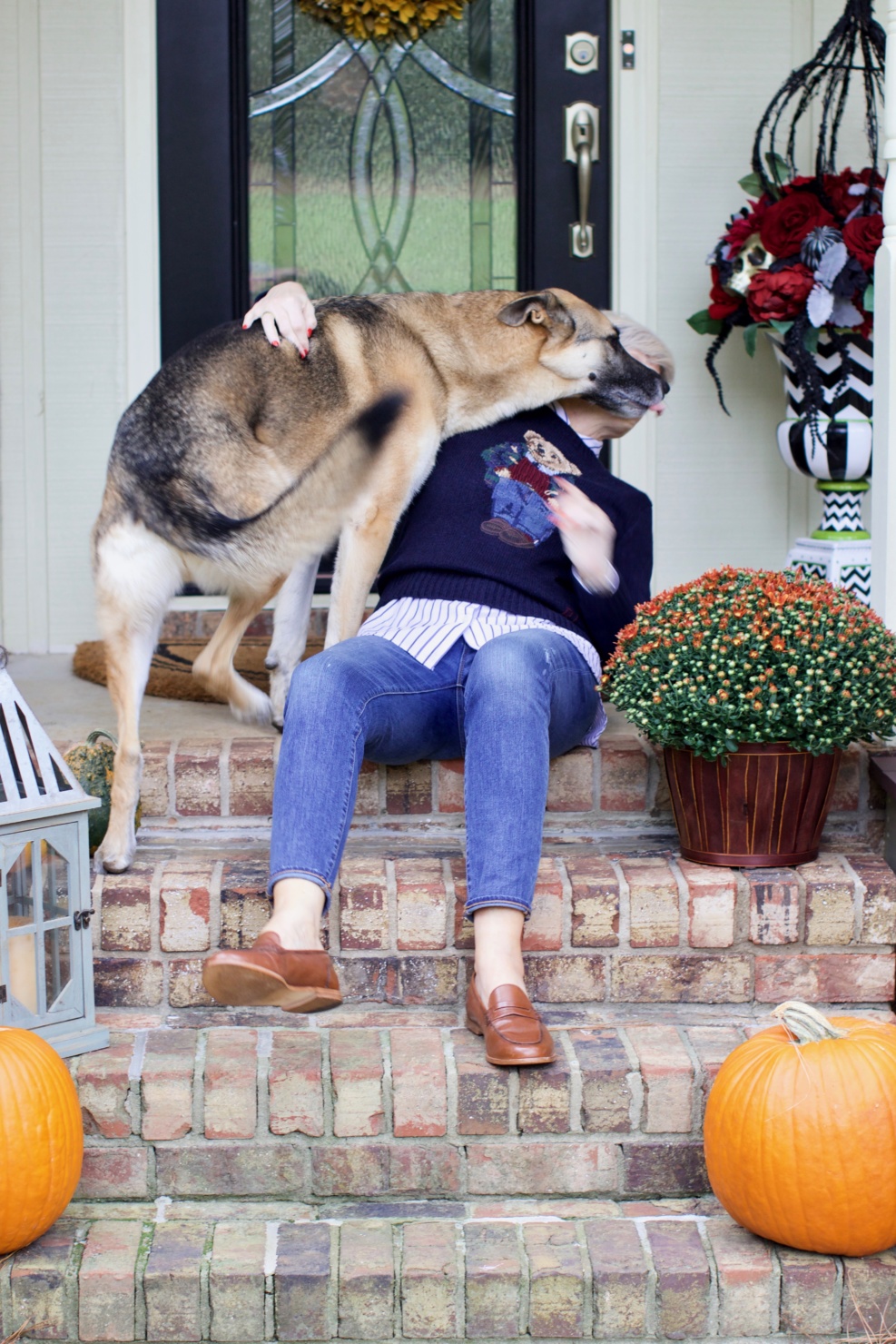 fall home design updates from beth at a Style at a Certain Age who is wearing a Ralph Lauren Polo Bear sweater, J.Crew skinny jeans, and J.Crew Ryan Loafers