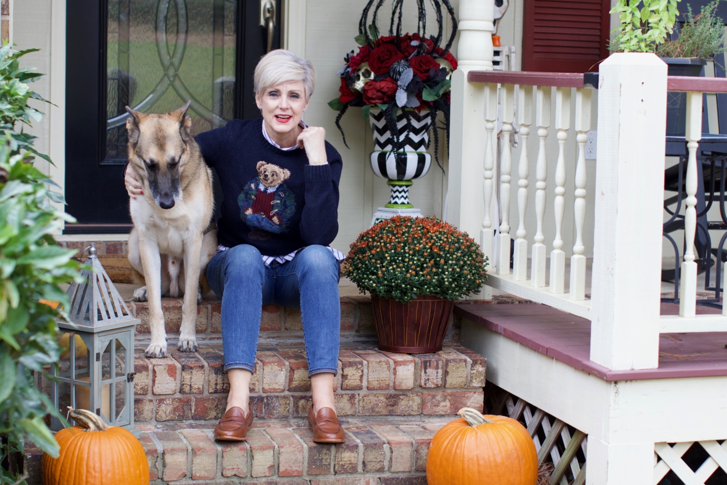 fall home design updates from beth at a Style at a Certain Age who is wearing a Ralph Lauren Polo Bear sweater, J.Crew skinny jeans, and J.Crew Ryan Loafers