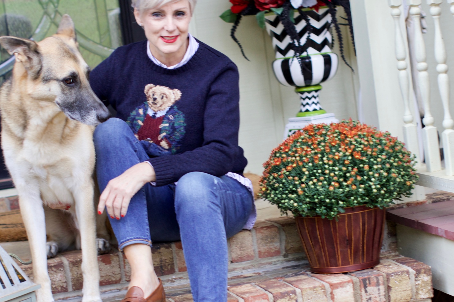 fall home design updates from beth at a Style at a Certain Age who is wearing a Ralph Lauren Polo Bear sweater, J.Crew skinny jeans, and J.Crew Ryan Loafers