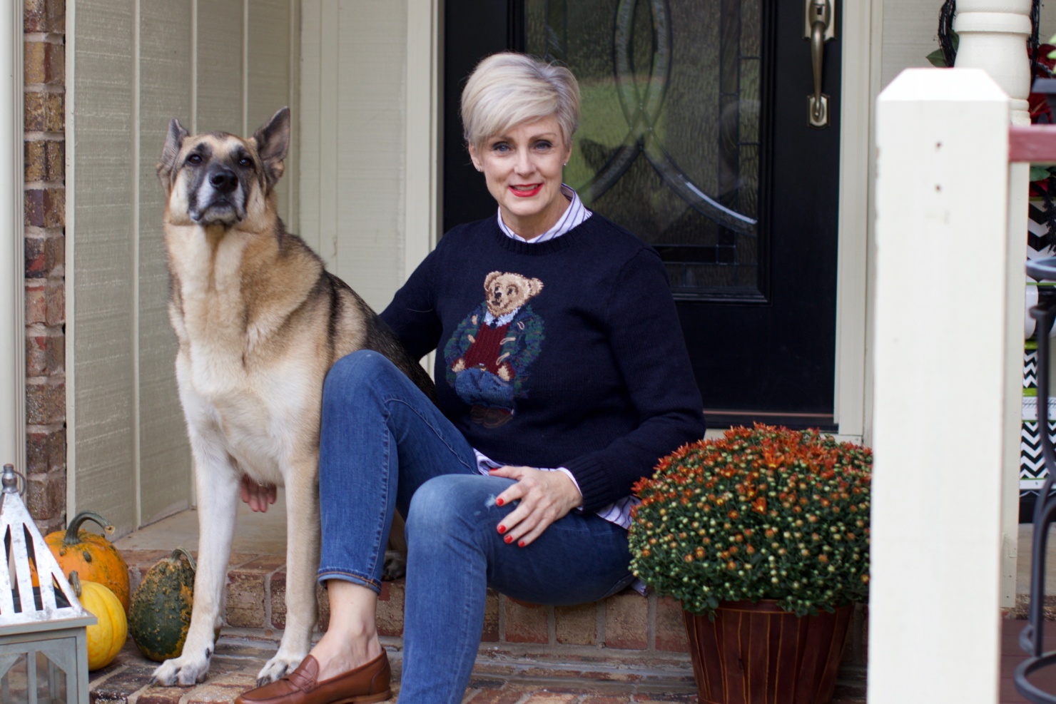 fall home design updates from beth at a Style at a Certain Age who is wearing a Ralph Lauren Polo Bear sweater, J.Crew skinny jeans, and J.Crew Ryan Loafers
