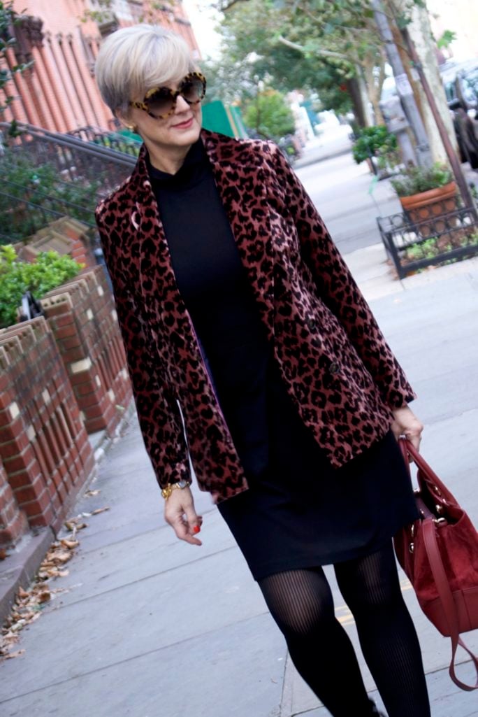 little black dress, leopard blazer, black booties