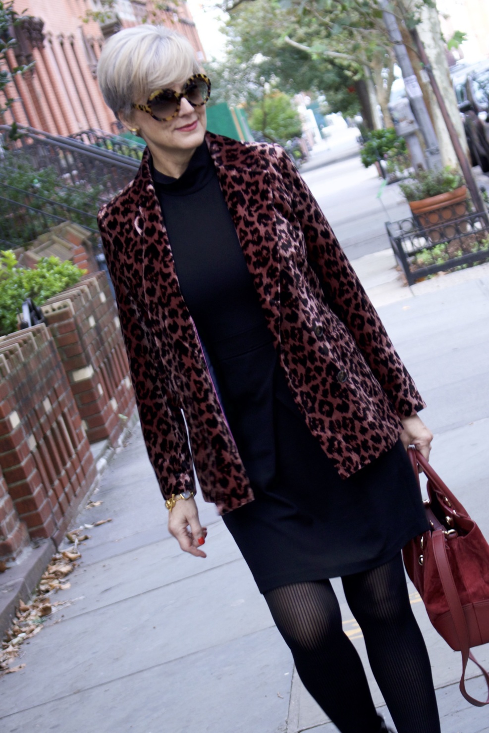 little black dress, leopard blazer, black booties
