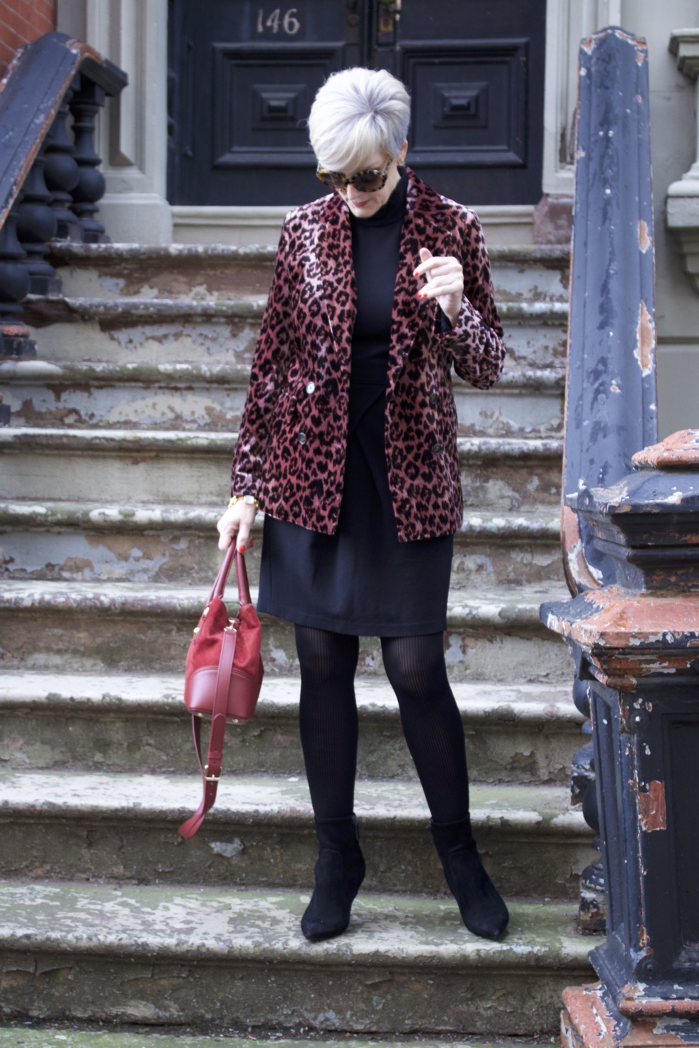 little black dress, leopard blazer, black booties