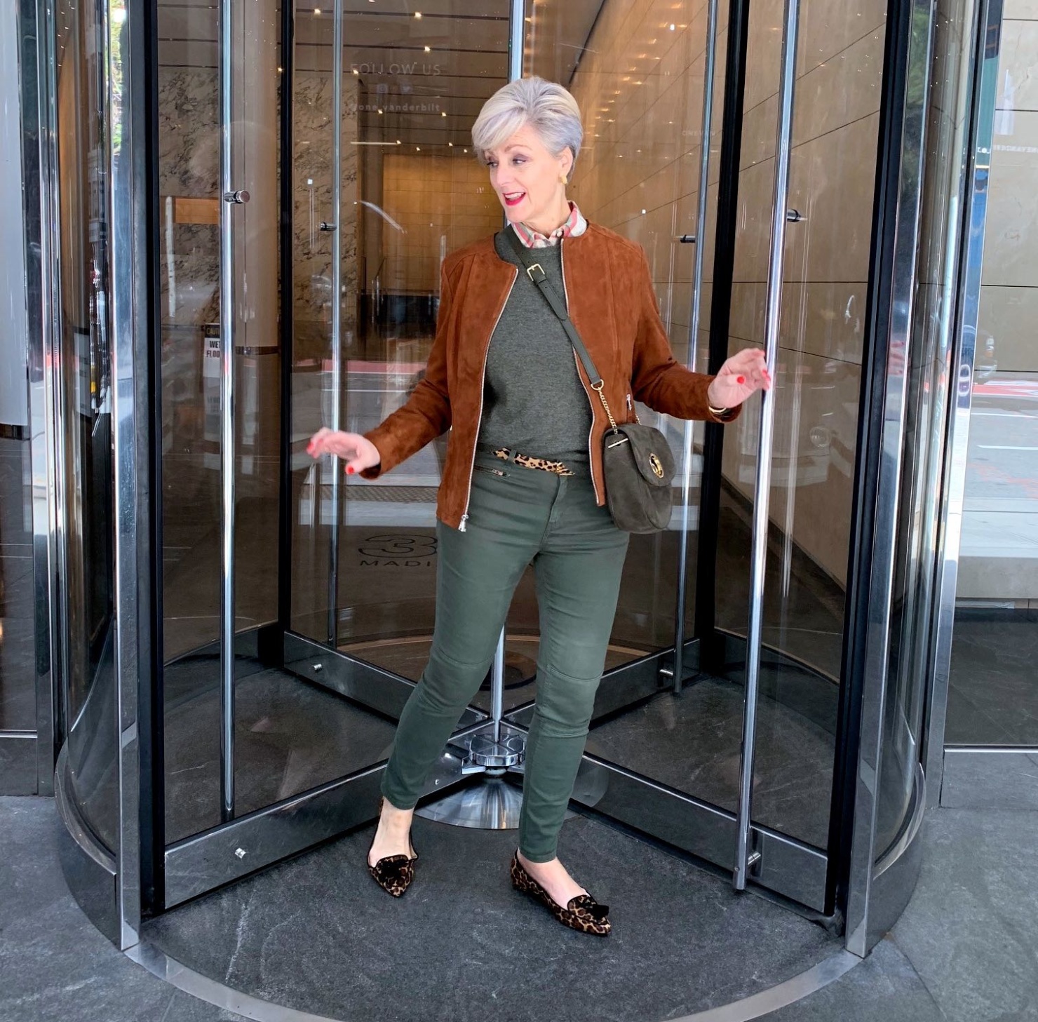 brown suede jacket, green cashmere sweater, leopard flats