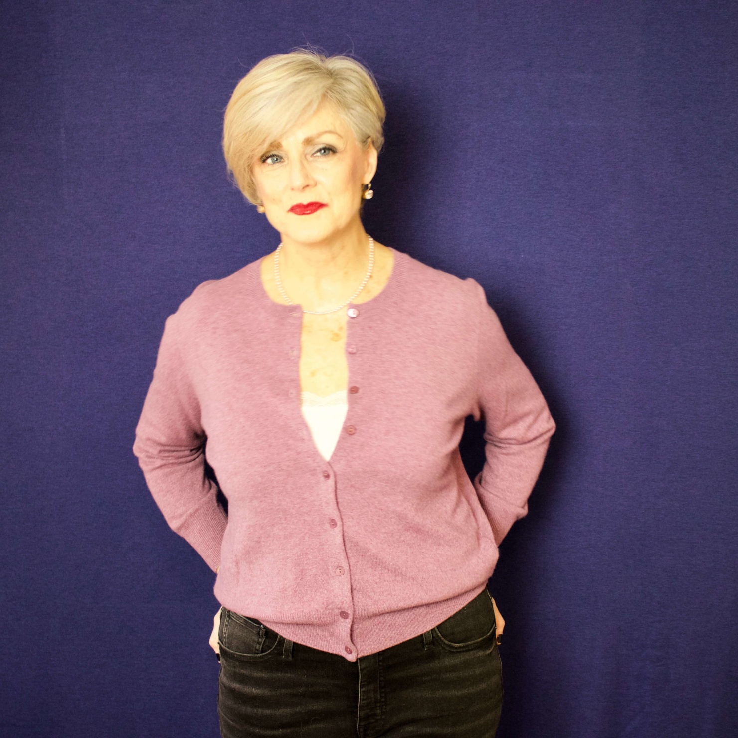 beth from Style at a Certain Age wears a cashmere cardigan from Marks & Spencer