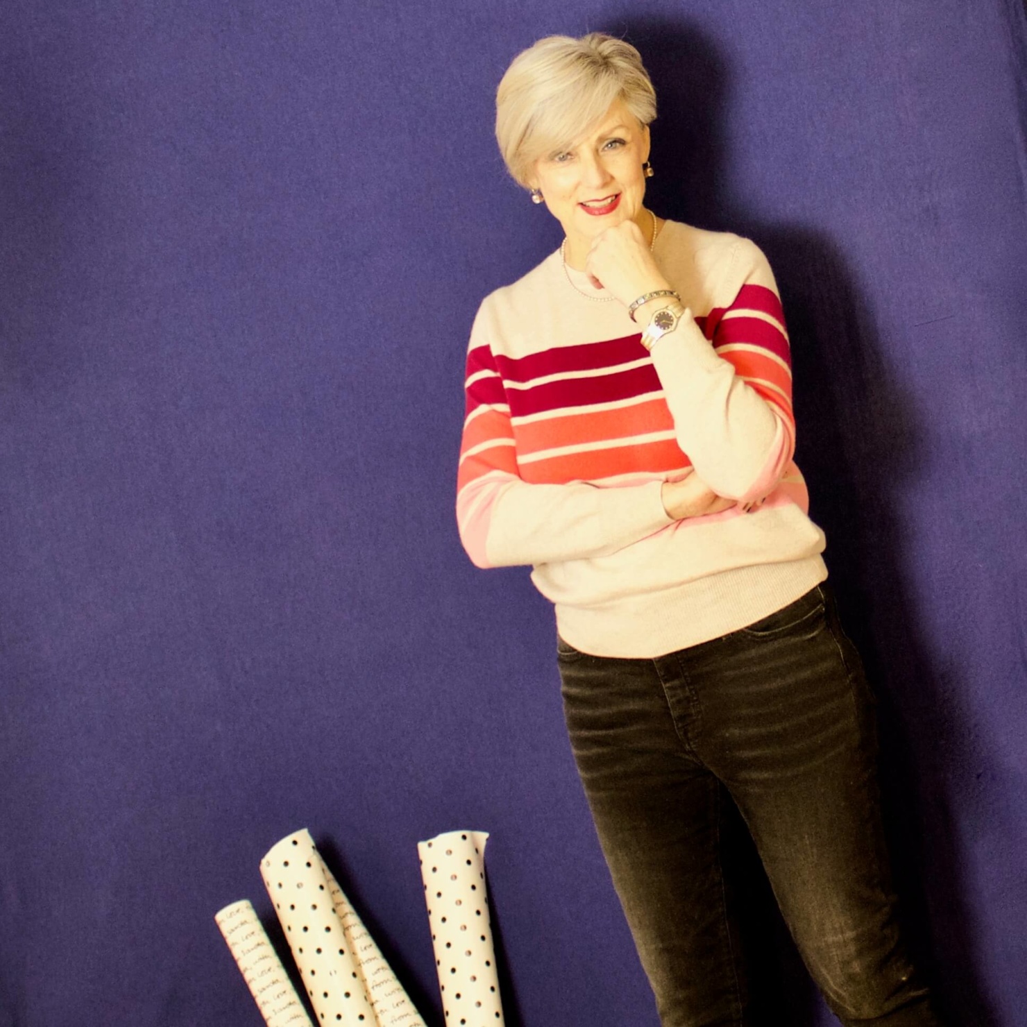 beth from Style at a Certain Age wears a striped cashmere crewneck from Marks & Spencer