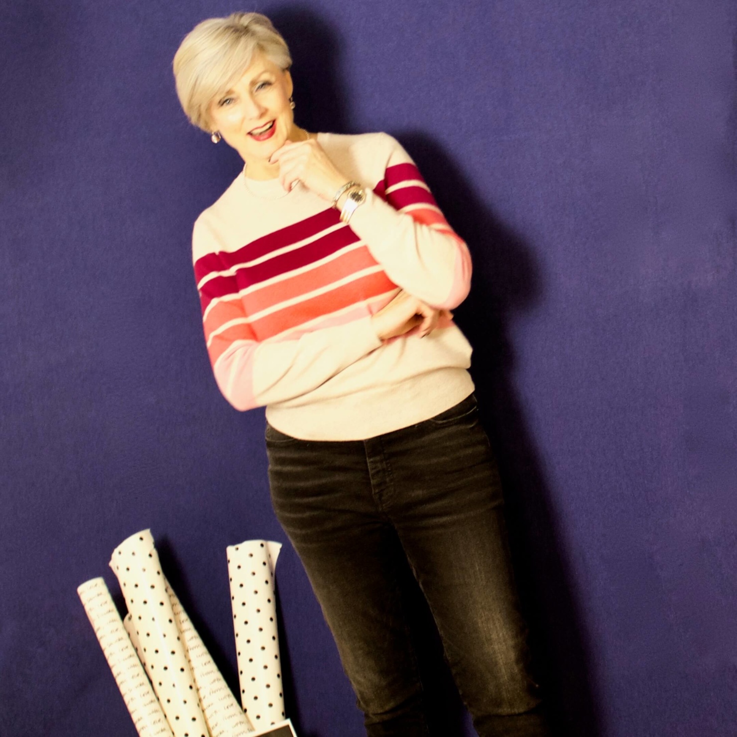 beth from Style at a Certain Age wears a striped cashmere crewneck from Marks & Spencer